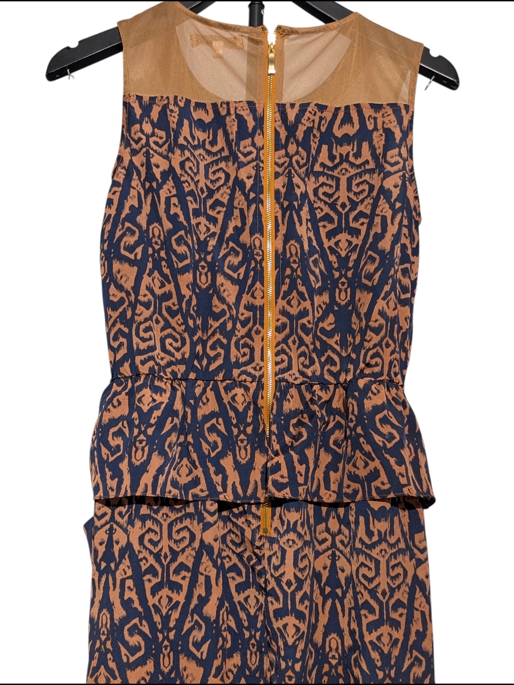 Katia Navy & Tan Abstract Print Jumpsuit Mesh Yoke Peter Pan Collar Size S - Picture 7 of 8